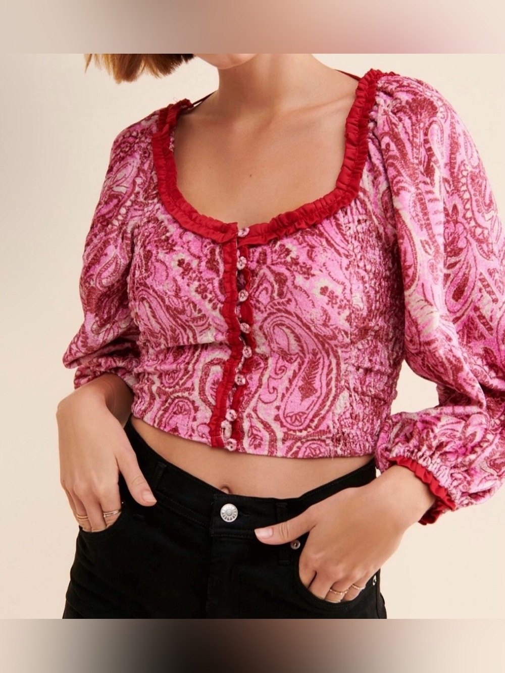 Free People Pink and Red Paisley Ruffle-Trim Velvet Blouse - Size M NWT